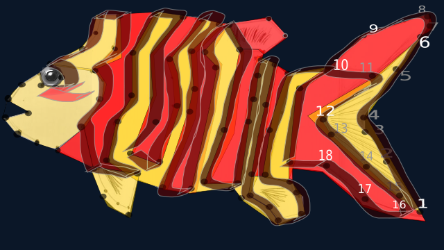 red and yellow colored dot to dot fish.