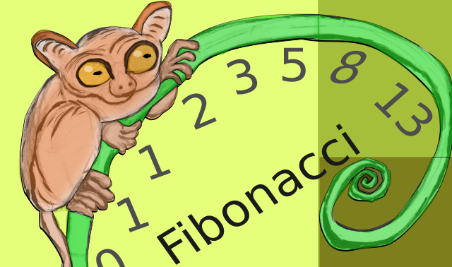 Fibonacci sequence with Tarsier primate animal on plant